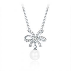 Ribbon Bow Pearl Necklace with Swarovski White Crystal Pearl Rhodium Plated