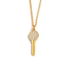 Modern Round Pave Key Pendant with Swarovski Crystals Gold Plated