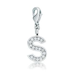 Letter S Initial Charm with Cubic Zirconia Rhodium Plated