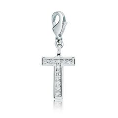 Letter T Initial Charm with Cubic Zirconia Rhodium Plated